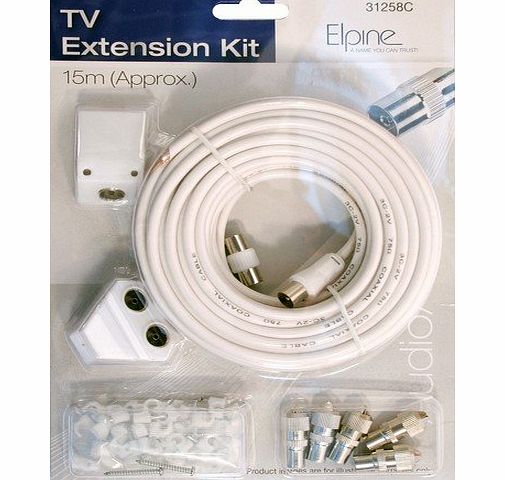 TV Extension Cable Kit 15m + 2 Way Splitter,Coaxial Plugs,TV Coupler,Cable Clips