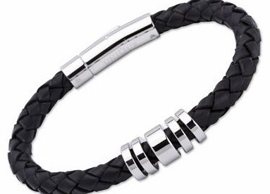 Unique Men 19cm Black Leather Bracelet with Steel Elements and Stainless Steel Clasp