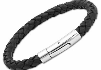 Unique Men 21cm Black Leather Bracelet with Stainless Steel Clasp
