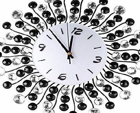 Ultra Silent Artistic Crystal Sunburst Design Faux Gemstones Black Metal Wall Mounted Clock Living Room Bedroom DIY Decor