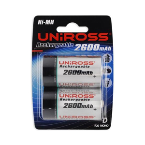 Uniross Twin Pack D size 2600 Ni-MH mAh battery  ideal for use in high drain appliances.