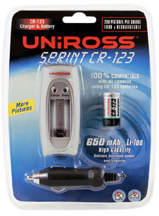Uniross CR-123 battery charger for fast intelligent battery charging. The Uniross SPRINT CR-123 will