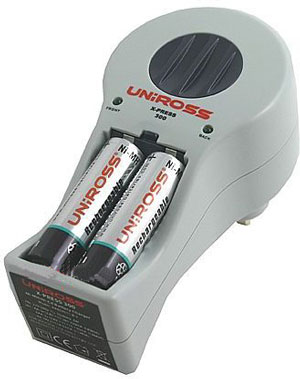 The Uniross X-Press 300 compact charger will charge 2 or 4 AA/AAA and 1 9V battery of the same type 