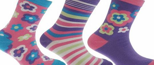 Universal Textiles Girls Flower/Heart Pattern Socks (Pack Of 3) (UK Shoe 6-8.5 , Euro 23-26 (Age: 2-4 years)) (Purple/Pink)