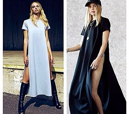 New Fashion Round Neck Celebrity Casual Side Slit Long Top Maxi Dress (M, Black)