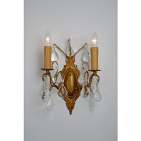 This is a stunning gold wall light with clear crystal droplets and candle style light bulb holders. 