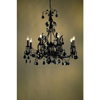 This is a stylish black with gold tint 8 light chandelier with black crystal droplets and trimmings.