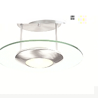 Modern semi flush fitting with an aqua trim around clear glass and a satin chrome and frosted glass 