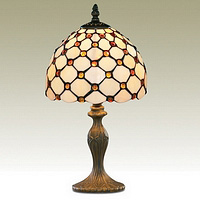 Handmade stained glass tiffany table lamp in a weathered bronze finish with brown glass droplets. He