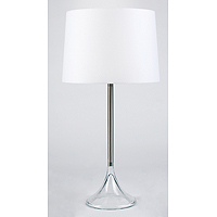 Contemporary table lamp pair with white shades chrome stem and clear glass bottoms. Height - 55cm Di