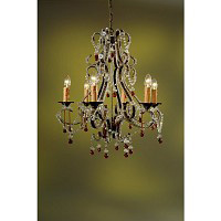 This chandelier has an antique green finish complemented with dark amber crystal droplets and clear 