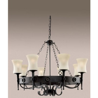 Classical cartwheel style light fitting in a matt black finish with frosted glass shades. Height - 7
