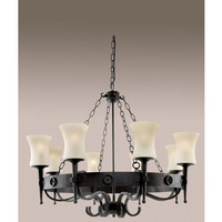 Classical cartwheel style light fitting in a matt black finish with frosted glass shades. Height - 7