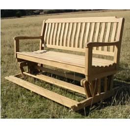 The glider bench offers a contoured back panel an curved seat. Teak is the most durable of all hardw