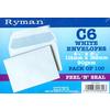 Ryman white C6 peel and seal envelopes. Pack of 100