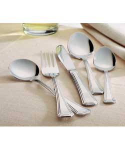 Polished stainless steel. Set includes 12 each of table knives, table forks, table spoons,