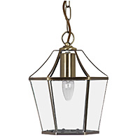 Traditional lantern pendant light with clear glass panels and antique brass frame. Height - 28cm Dia