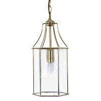 Traditional lantern pendant light with clear glass panels and polished brass frame. Height - 46cm Di