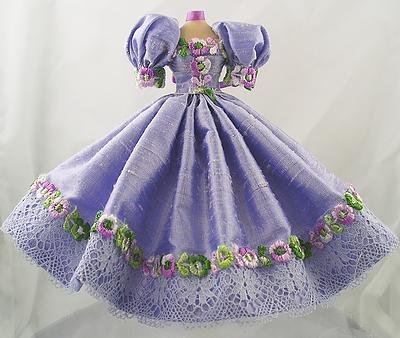 :12 Scale Doll House Miniature Lilac Silk Dupion Ball Gown On Mannequine. Embelished with