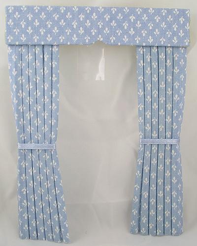 1:12 Scale Dolls House Sky Blue and White Laura Ashley Trifoil Print Curtains with Satin