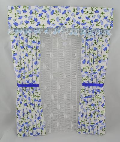 1:12 Scale Dolls House Miniature Curtains in Blue and White Laura Ashley Cotton Fabric
