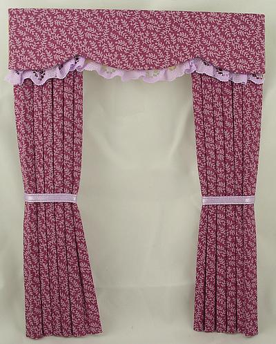 1:12 Scale Dolls House Miniature Curtains in Burgundy Laura Ashley Cotton Fabric 
