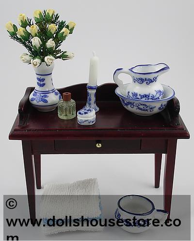 1:12 scale Wash Stand and Accessories, With Blue and White Floral Jug, Wash Bowl, Chamber Pot,
