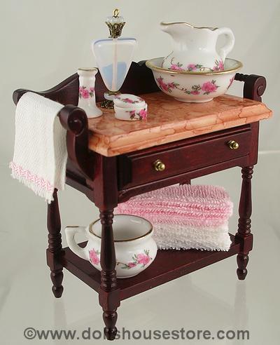 1:12 Scale Dolls House Miniature Mahogany Wash Stand Filled with Items including: Pink and White
