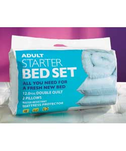 Includes duvet, 2 pillows and a water resistant mattress protector. Duvet with 70% polyester/30%