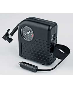 Operates from 12 volt vehicle cigarette lighter socket. 70 PSI ( -5 PSI ) pressure gauge. Includes t