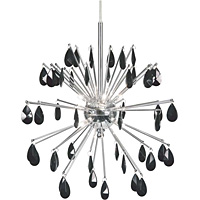 Unique low voltage halogen ceiling pendant light in a polished chrome finish with delicate black gla