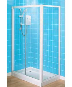 White frame with clear glass.185cm high for reduced showerhead overspray. Reversible mounting for