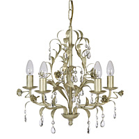 Beautiful and elegant ceiling pendant light in a cream and gold finish with leaf and rose decoration