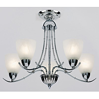 Contemporary design in polished chrome with bamboo style arms and alabaster glass shades. This fitti