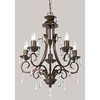 Hand decorated rustic bronze finish ceiling pendant light with clear glass droplets. This fitting is