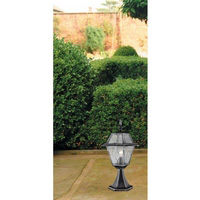 Black and silver finish outdoor bollard light fitting with cathedral style lead glass. IP44 rated. H