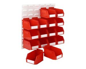 16 red plastic containers with louvred panel. High density storage bins to store small items