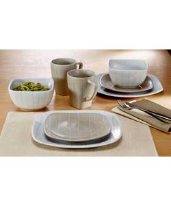 4 place settings.Stoneware.Set contains 4 dinner plates, 4 side plates, 4 bowls and 4 mugs.Dinner