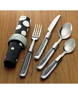 Plastic with stainless steel. Comprises 4 each of knives, forks, dessert spoons and teaspoons. 4 nap