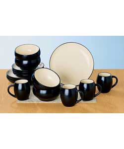 4 place settings. Set contains: 4 dinner plates, 4 side plates, 4 bowls and 4 mugs. Dinner plate