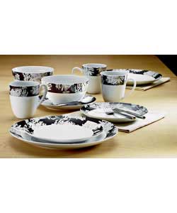 4 place settings.Porcelain.Set contains 4 dinner plates, 4 side plates, 4 bowls and 4 mugs.Dinner