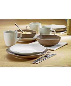 4 place settings.Set contains 4 brown dinner plates, 4 cream side plates, 4 brown bowls and 4 cream