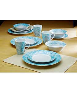 16 Piece Teal Damask Porcelain Dinner Set