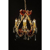 This chandelier has a antique white finish complemented with bronze flowers and clear crystal drople