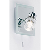 Modern pull switched bathroom wall spot light fitting with mirrored back-plate. IP44 and zone 1 rate