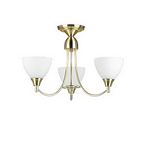 Simple satin brass fitting with matt opal white glass shades. This fitting can also be hung by a pen
