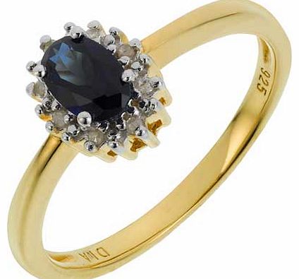 18ct gold plated. created oval blue sapphire and diamond ring. Round brilliant cut diamond. Clarity of diamond P3. Diamond colour H. Available in sizes H to V. EAN: 1629624.
