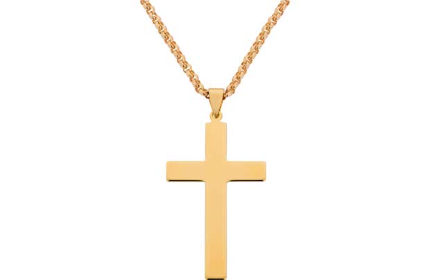 A classic cross and chain pendant necklace. 18ct gold plated. Length of necklace 51cm/20in. Pendant size H65