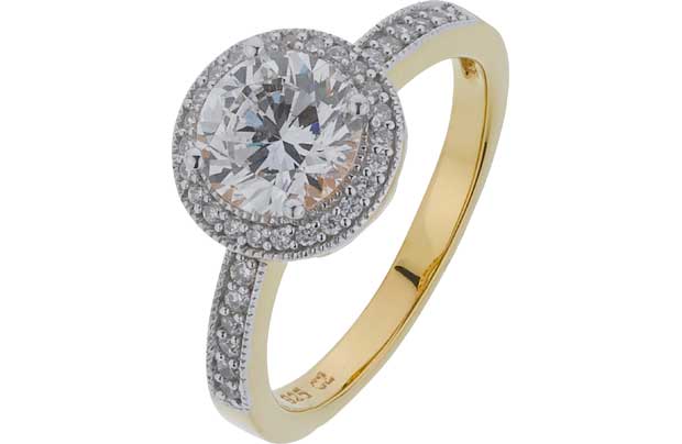 Look the part with this cubic zirconia halo ring. This 18ct gold plated ring will complement your outfit and impress friends