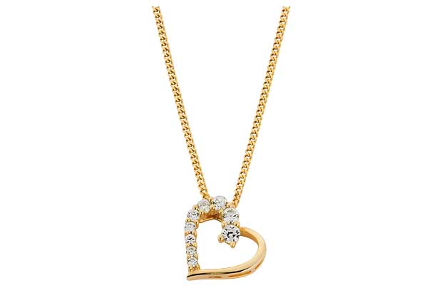 Cubic zirconia decorate the side of this heart pendant. 18ct gold plated. Cubic zirconia set pendant. Length of necklace 46cm/18in. EAN: 2199074.